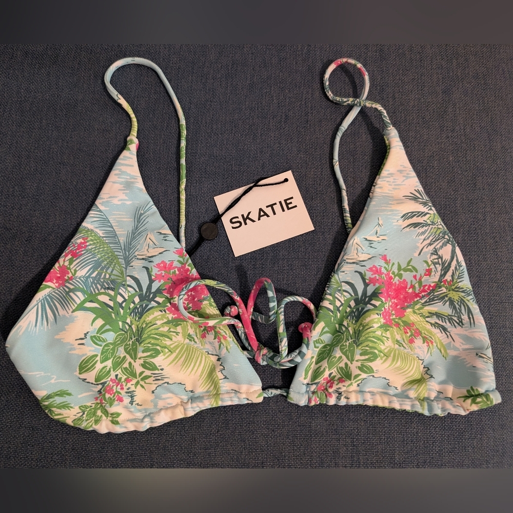 SKATIE Ella String Bikini Top XL tropical palm print adjustable Swim Triangle